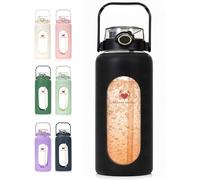 MIGHTY VESSEL 64 oz Glass Water Bottle - Black | Large Leakproof Shatter-Resistant Borosilicate Bottle with Straw, Silicone Sleeve, Time Marker - Half Gallon for Travel, Gym, Daily Intake