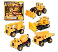 Mighty Wheels 5 Pc Steel Construction Truck Toys Set 3.5" - Includes Dump Truck, Front Loader, Bulldozer, Cement Mixer, Crane - Steel and Plastic Construction Toys for 3+ Year Old Boys and Girls