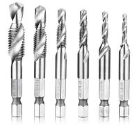 Migiwata HSS 4341 Imperial 2-in-1 Combination Drill and Tap Bit Set Fractional Inch 1/8''-3/8'' with 1/4” Hex Shank and Spiral Flute Tapping Tool Set Kit Hand Tool of 6pcs