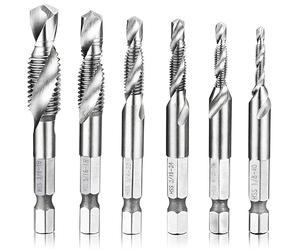Migiwata HSS 4341 Imperial 2-in-1 Combination Drill and Tap Bit Set Fractional Inch 1/8''-3/8'' with 1/4” Hex Shank and Spiral Flute Tapping Tool Set Kit Hand Tool of 6pcs