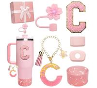 Miglaja Cup Accessories for Stanley Cup 30OZ 40OZ, 7Pcs All Accessories Contain Flower Straw Topper, Sillicone Boot, Letter Stickers and Pendants,Spill Stopper Set,Gift Box (Pink C)