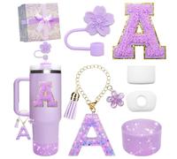 Miglaja Cup Accessories for Stanley Cup 40OZ 30OZ, 7Pcs All Accessories Contain Flower Straw Topper, Sillicone Boot, Letter Stickers and Pendants,Spill Stopper Set,Gift Box (Purple A)