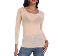 Mignon Cromwell Mesh Tops for Women Long Sleeve Mock Neck Fitted Sexy Top, Nude, S