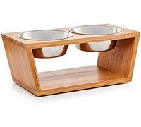 Migosset Pet Feeder - Elevated Bamboo Bowl Holder for Medium, Larger Breed Dogs - Wooden Raised Feeding Station - With 4 Stainless Steel Bowls, 7 Cup Capacity Each - 7" x 17.5" x 9" - Medium