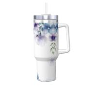 Migpkd 40oz Blue Purple Flowers and Green Leaves Tumbler with Handle, Summer Insulation and Cooling Cup for Birthday Present