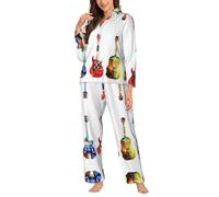 Migpkd Colorful Guitars Pajamas For Women Set Long Sleeve Button Down Sleepwear 2 Piece Nightwear Women Pjs Sets Black