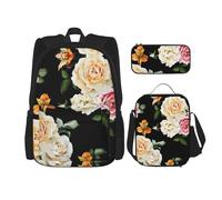 Migpkd Cream Shabby Rose Flower School Bag Pencil Case Lunch Bag Combinationbackpack for Kids School Bookbag
