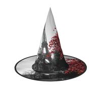 Migpkd Grey Paris Eiffel Tower Cityscape Red Flower Halloween Witch Hat For Women Men Cosplay Accessories For Costume Party Wizard Hat