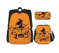 Migpkd Halloween Witch Flying School Bag Pencil Case Lunch Bag Combinationbackpack for Kids School Bookbag