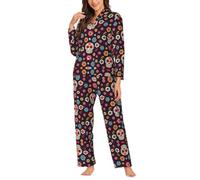 Migpkd Sugar Skulls Pajamas For Women Set Long Sleeve Button Down Sleepwear 2 Piece Nightwear Women Pjs Sets Black