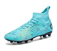 MIGPOGZAI Men's Soccer Shoes High-Top Soccer Cleats Outdoor Breathable Athletic Professional Spikes Youth Boys Football Shoes Unisex, Turquoise-2, 3
