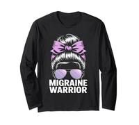 Migraine Warrior Messy Bun Purple Ribbon Awareness Long Sleeve T-Shirt