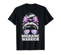 Migraine Warrior Messy Bun Purple Ribbon Awareness T-Shirt