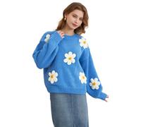 Migratory Bird Guide™ Floral Crewneck Long Sleeve Sweaters for Women 2024 Trendy, Blue, M