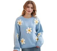 Migratory Bird Guide™ Floral Crewneck Long Sleeve Sweaters for Women 2024 Trendy, Light Blue, M