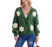 Migratory Bird Guide Y2k Sweater Cardigan for Women, Long Sleeve V-Neck Button Crochet Flower Knit Womens Clothes., Green, M