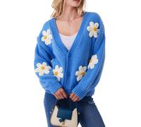 Migratory Bird Guide Y2k Sweater Cardigan for Women, Long Sleeve V-Neck Button Crochet Flower Knit Womens Clothes., Blue, M