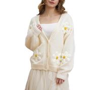 Migratory Bird Guide Y2k Sweater Cardigan for Women, Long Sleeve V-Neck Button Crochet Flower Knit Womens Clothes., Cream, M