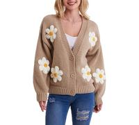 Migratory Bird Guide Y2k Sweater Cardigan for Women, Long Sleeve V-Neck Button Crochet Flower Knit Womens Clothes., Khaki, M