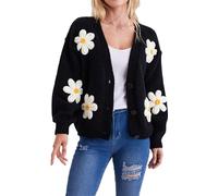 Migratory Bird Guide Y2k Sweater Cardigan for Women, Long Sleeve V-Neck Button Crochet Flower Knit Womens Clothes., Blcak, M