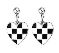 MIGUO STORE Fashion Chic Temperament Simple Black White Heart-Shaped Stud Earrings Checker Board Dripping Oil Earrings for Women Girls Gift, Metal, n/p,