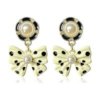 MIGUO STORE Retro Simple Temperament Bow Polka Dot Earrings Fashionable Cute Black and White Polka Dot Drop Dangle Earrings For Women Jewelry Gifts, M, Metal, No Gemstone