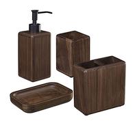 MIHIRO 4-Piece Bathroom Accessories Set, Wood Bathroom Vanity Countertop Accessory with Soap Dispenser, Toothbrush Holder, Bathroom Tumbler and Soap Dish, Waterproof Walnut,100% Solid Wood