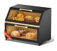 Mihoho Double Layer Wooden Bread Box for Kitchen Counter, Large Bread Storage Container for Homemade Bread, Farmhouse Breadbox Organizer for Kitchen Counter Corner, Cabinet, Pantry (Black A)