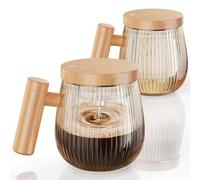 Mihoho Electric Self Stirring Coffee Mug 2Pcs Set, 400ml Mixing Mug, High Speed Suitable for Coffee/Milk/Protein Powder, Heat-Protection Glass Coffee Blender with Lid (Gold C)