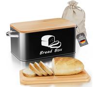 Mihoho Metal Bread Bin with Bamboo Chopping Board Lid, Bread Storage Container, Modern Kitchen Organizer for Sourdough, Buns and Breads (Black A)