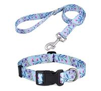 Mihqy Dog Collar and Lead Set with Bohemia Floral Tribal Geometric Patterns - Soft Ethnic Style Collar Adjustable for Small Medium Large Dogs(Pink + Purple Floral Set,S)