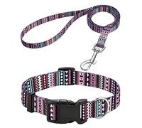 Mihqy Dog Collar and Lead Set with Bohemia Floral Tribal Geometric Patterns - Soft Ethnic Style Collar Adjustable for Small Medium Large Dogs(Bohemian Purple Set,M)