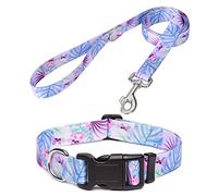 Mihqy Dog Collar and Lead Set with Bohemia Floral Tribal Geometric Patterns - Soft Ethnic Style Collar Adjustable for Small Medium Large Dogs(Purple Flower Set,S)