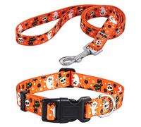 Mihqy Halloween Dog Collar and Leash Set - Pumpkin Bat Ghost Pattern - Adjustable for Small Medium Large Dogs(Halloween Set,M)
