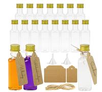 MIHURO 15 Pack Shot Bottles with Lids,Square Small Plastic Bottle 50ml with Hangtag Funnel,Reusable Mini Alcohol Bottles,Shot Bottle for Hen Party,Wedding Party,Whiskey,Spirit Vodka (Gold)