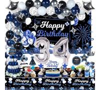Miidenks 34th Birthday Decorations Set for Men, Navy Blue Silver Black Party Decorations with Birthday Backdrop Banner, Tablecloth, 34 Number Balloons for Him
