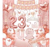 Miidenks Rose Gold 23rd Birthday Decorations, Happy 23rd Birthday Decorations for Women Girls, Party Pack with Rose Gold Banner, Number 23 Balloons, Sash, Crown, Dinnerware for 10 Guests