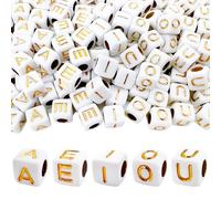 MIIIM 500pcs Vowel Pony Letter Beads for Keychains Making (A, E, I, O, U), 6x6mm Large Hole Square Letter Beads for Bracelets Making, Alphabets, Numbers (White and Golden)