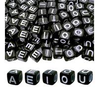 MIIIM 500pcs Vowel Pony Letter Beads for Keychains Making (A, E, I, O, U), 6x6mm Large Hole Square Letter Beads for Bracelets Making, Alphabets, Numbers (Black and White)
