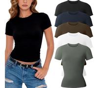 miijoory 3/5 Pack Womens T Shirts Crew Neck Short Sleeve Women Tops Summer Basic Casual Tees Stretch Fitted Skim Top