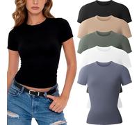 miijoory 3/5 Pack Womens T Shirts Crew Neck Short Sleeve Women Tops Summer Basic Casual Tees Stretch Fitted Skim Top