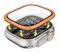 Miimall Aluminium Alloy Frame for Apple Watch Ultra 3/2/1 49mm Screen Protector, Dentate Pattern Metal Frame HD Film, Anti-Scratch 9H Hardness Tempered Glass Cover for iWatch Ultra 3 49 mm-Orange