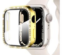 Miimall Bling Case Compatible for Apple Watch Series 3/2/1 42mm, PC Case with Tempered Glass Screen Protector&Crystal Diamonds, Ultra-Thin Full Protective Woman Bumper Cover for iWatch 42mm-Gold