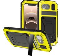Miimall for iPhone 16e Case Metal, [Built-in Screen Protector] [Camera Lens Protector] [Kickstand], Metal & Silicone Bumper Rugged Heavy Duty 360°Full Body Protective Cover for iPhone 16e-Yellow