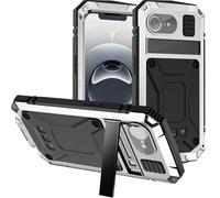 Miimall for iPhone 16e Metal Case, [Built-in Screen Protector] [Camera Lens Cover] [Kickstand] [Metal & Silicone Bumper], Rugged Shockproof 360°Full Body Protection Case for iPhone 16e-Silver
