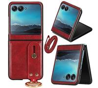 Miimall for Motorola Razr 40 Ultra Case with Kickstand, Premium PU Leather Shell with Anti-Lost Detachable Lanyard Anti-Scratch Shock-Proof Full Coverage Protective Cover for Moto Razr 40 Ultra-Red