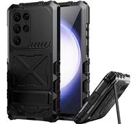Miimall for Samsung Galaxy S23 Ultra Case, [HD Screen Protector] [Kickstand] [Camera Lens Protector] Rugged Heavy Duty Metal Bumper Silicone Drop Proof Protective Cover for Galaxy S23 Ultra-Black