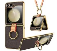 Miimall for Samsung Galaxy Z Flip 6/Z Flip 7 FE Case Leather, [Ring Holder & Crossbody Adjustable Lanyard] [Back Screen Protector], Women Girls Shockproof Full Body Protective Cover for zFlip6, Brown