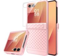 Miimall for Samsung Galaxy Z Flip 7 Case with Hinge Protection & Built-in Outer Screen Protector, Non-Slip Diamond-Pattern Shockproof Rugged Full Coverage Flip 7 Protective Cover for Women Girls-Pink