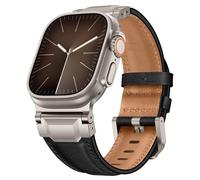 Miimall Genuine Leather Strap for Apple Watch Ultra 3/2/1 49mm, Series 11/10 46mm, 9/8/7 45mm, iWatch SE3/SE2/SE/Series 6/5/4 44mm, Leather Wristband for Men Women-Titanium Colored Buckle/Black